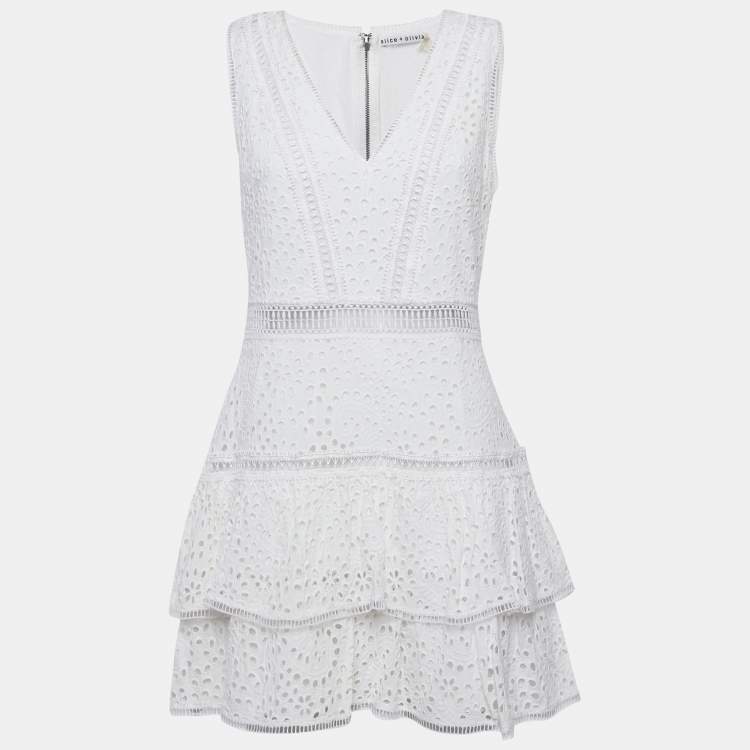 Pre Owned Alice + Olivia White Broderie Anglaise Modal Tiered Mini Dress L