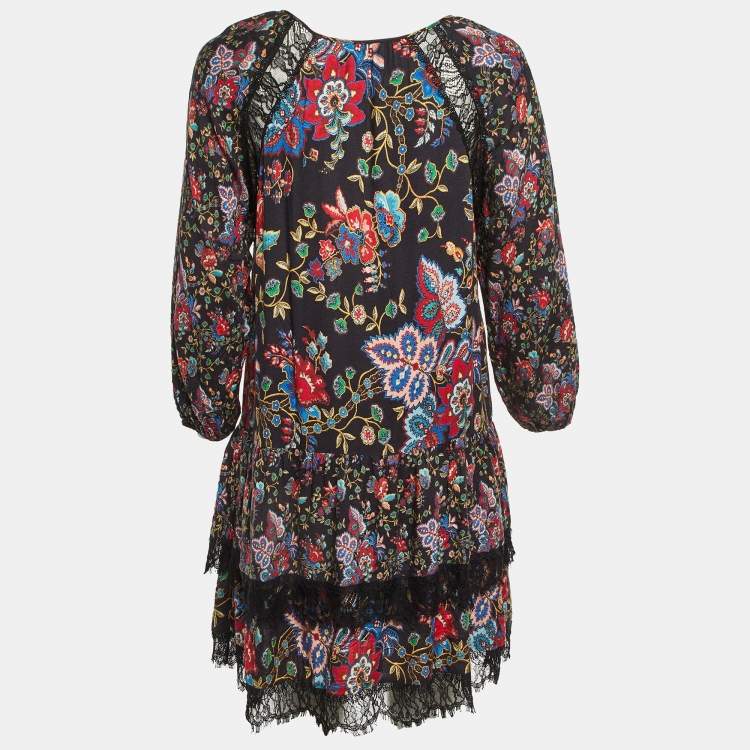 Pre Owned Alice + Olivia Black Floral Print Crepe & Lace Tiered Dress M