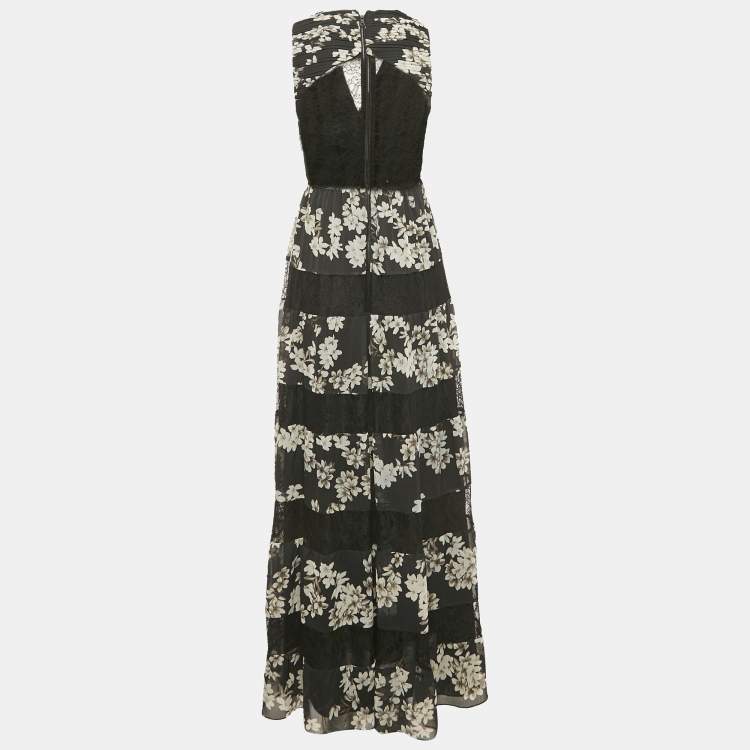 Pre Owned Alice + Olivia Black Floral Print Crepe Lace Detail Tiered Maxi Dress S