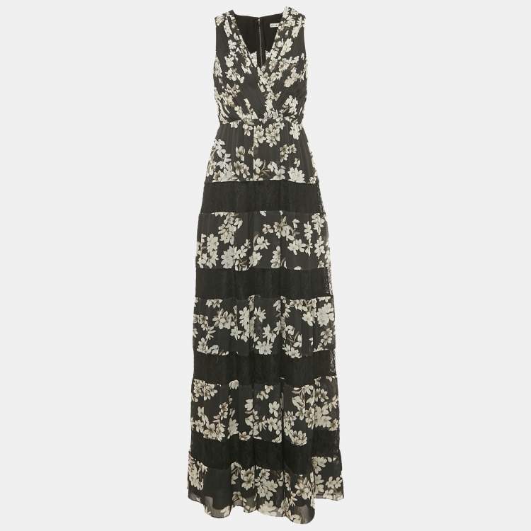Pre Owned Alice + Olivia Black Floral Print Crepe Lace Detail Tiered Maxi Dress S