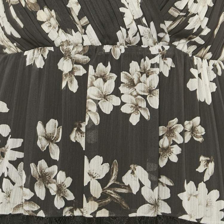 Pre Owned Alice + Olivia Black Floral Print Crepe Lace Detail Tiered Maxi Dress S