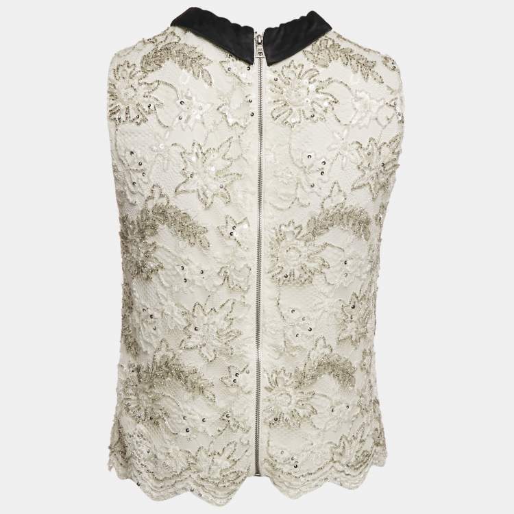 Pre Owned Alice + Olivia White Embellished Lace Sleeveless Top M