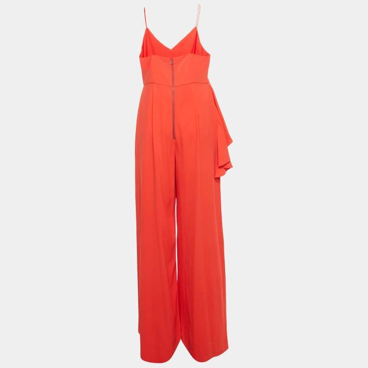 Pre Owned Alice + Olivia Red Crepe Cross Ruffle Keeva Jumpsuit M  