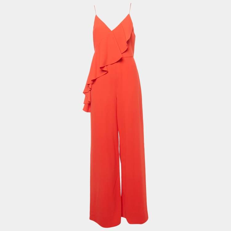 Pre Owned Alice + Olivia Red Crepe Cross Ruffle Keeva Jumpsuit M  