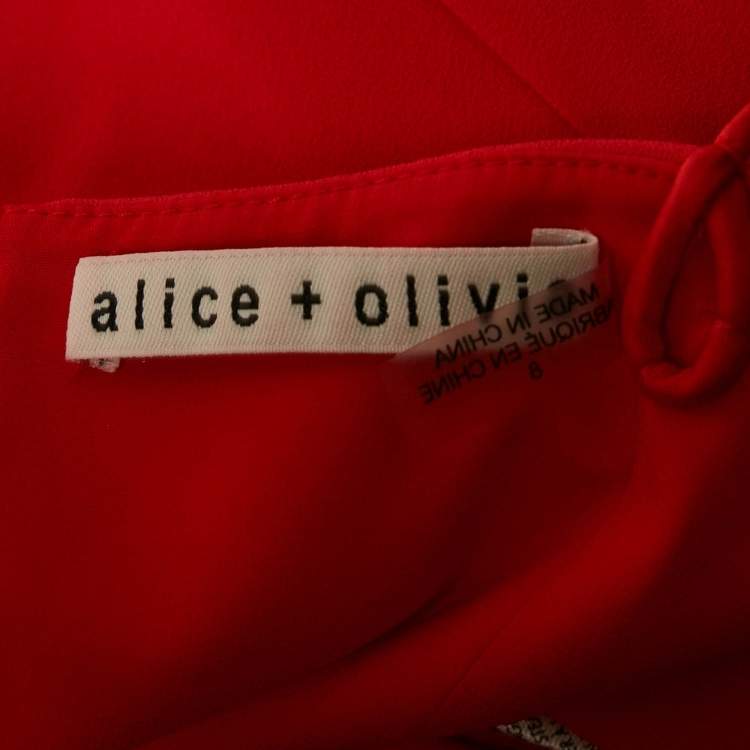 Pre Owned Alice + Olivia Red Crepe Cross Ruffle Keeva Jumpsuit M  