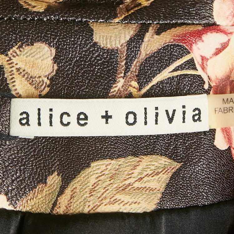 مملوكة مسبقًا Alice + Olivia Black Floral Print Leather Zip-Up Biker Jacket M