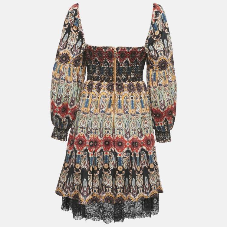 Pre Owned Alice + Olivia Multicolor Printed Crepe & Lace Detail Julissa Smocked Mini Dress S 