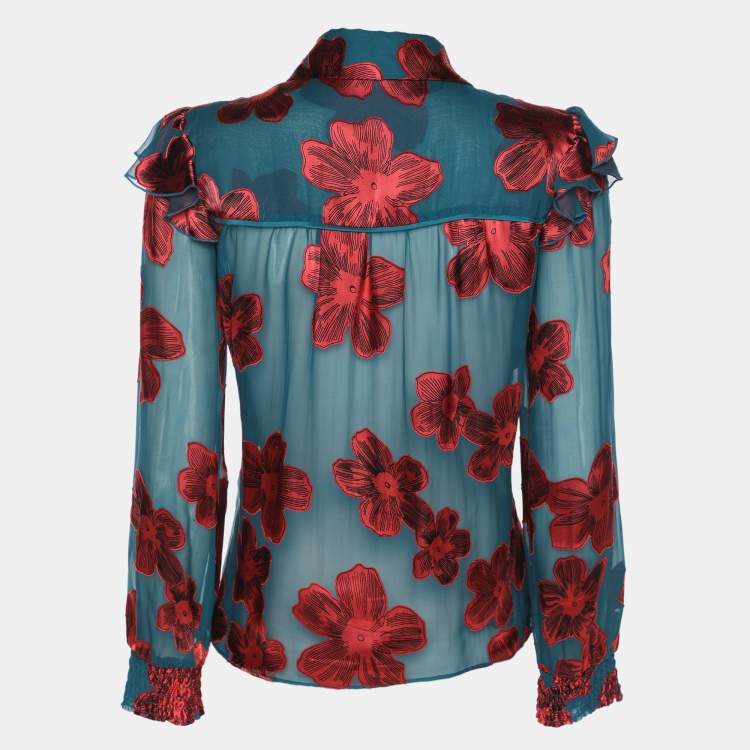Pre Owned Alice + Olivia Teal/Red Chiffon Floral Print Ziggy Ruffle Long Sleeve Blouse S