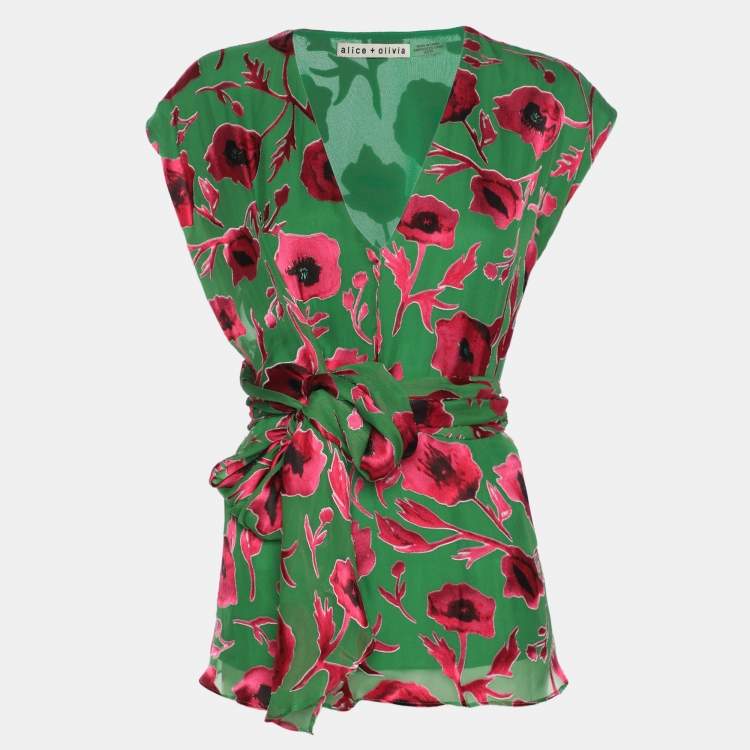 Pre Owned Alice + Olivia Green/Pink Poppy Print Silk Blend Essie Wrap Top XS