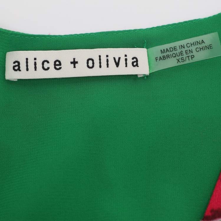 Pre Owned Alice + Olivia Green/Pink Poppy Print Silk Blend Essie Wrap Top XS