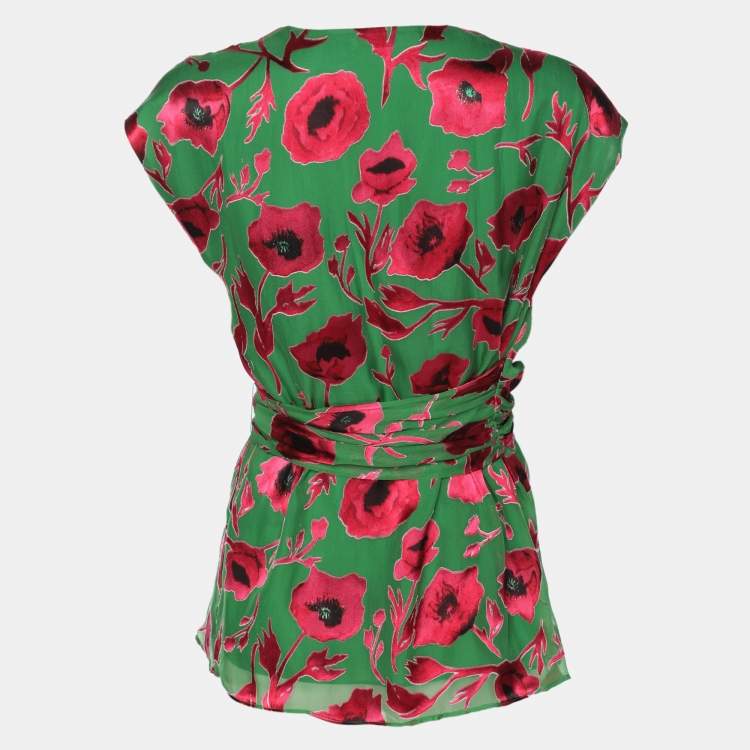 Pre Owned Alice + Olivia Green/Pink Poppy Print Silk Blend Essie Wrap Top XS