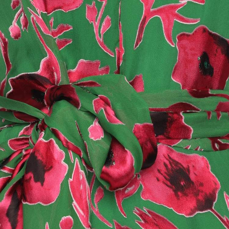 Pre Owned Alice + Olivia Green/Pink Poppy Print Silk Blend Essie Wrap Top XS