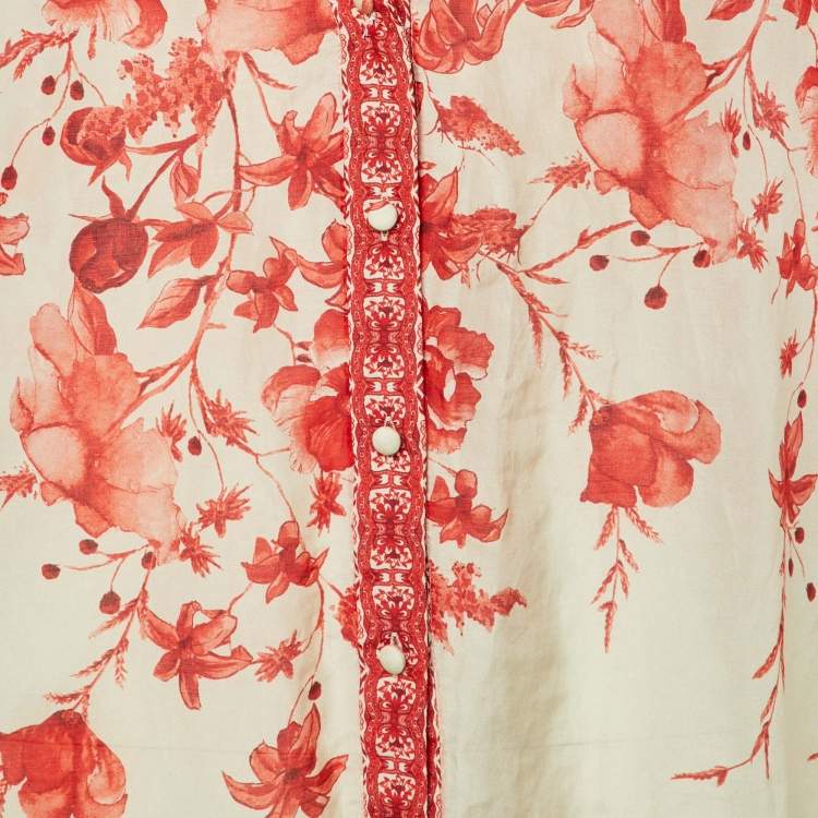 Pre Owned Alice + Olivia Red Printed Cotton & Silk Button Front Blouse M