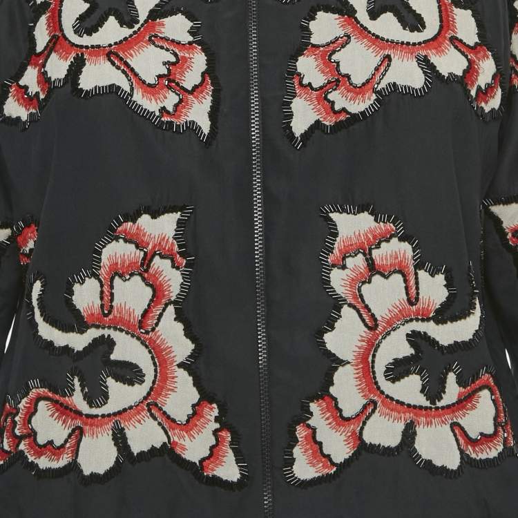 Pre Owned Alice + Olivia Black Embellished Silk Zip-Up Bomber Jacket XS