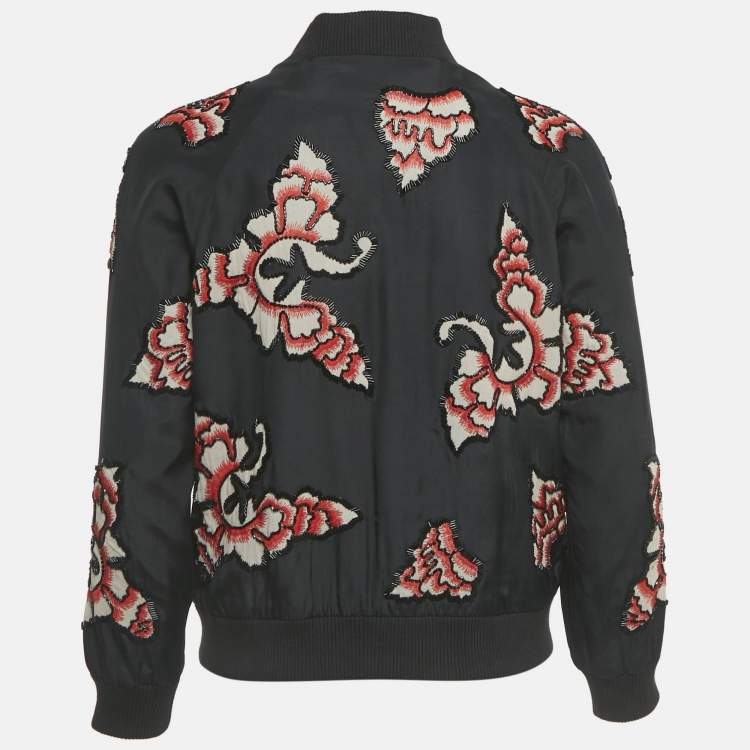 Pre Owned Alice + Olivia Black Embellished Silk Zip-Up Bomber Jacket XS
