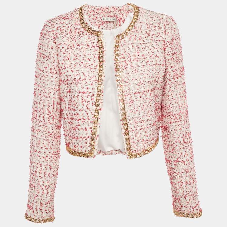 Pre Owned Alice + Olivia Sequin Embellished Tweed Chain Detail Cropped Jacket M