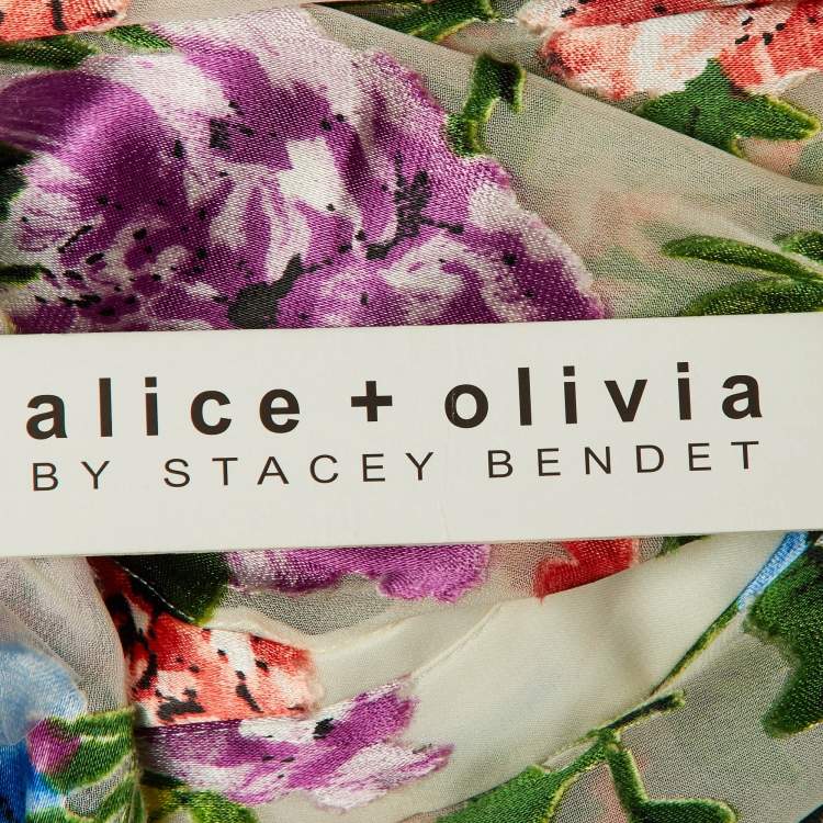 Pre Owned Alice + Olivia Cream Floral Devore Mandarin Collar Top XL