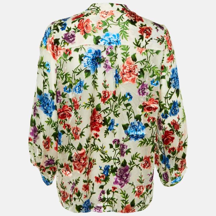 Pre Owned Alice + Olivia Cream Floral Devore Mandarin Collar Top XL