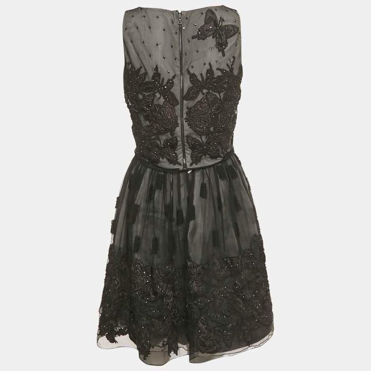 Pre Owned Alice + Olivia Black Embroidered Embellished Mesh Top & Skirt Set S