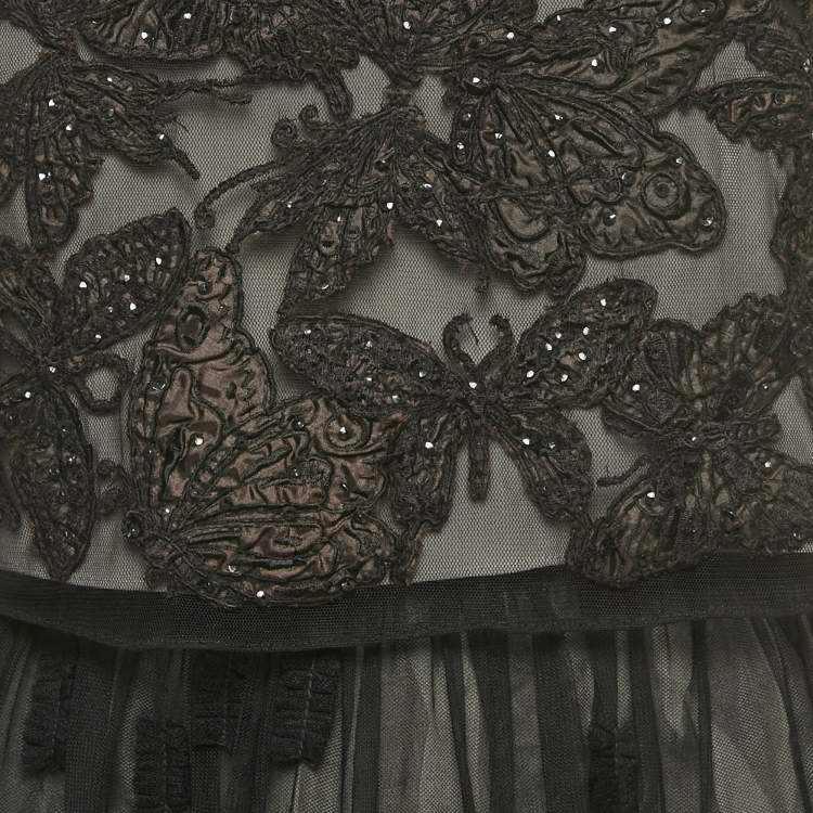 Pre Owned Alice + Olivia Black Embroidered Embellished Mesh Top & Skirt Set S