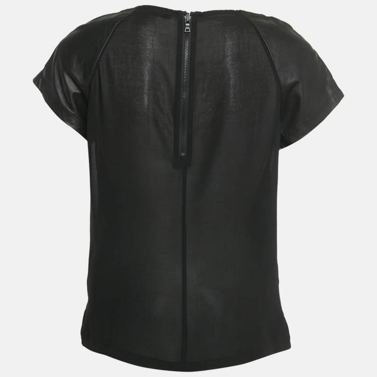 Pre Owned Alice + Olivia Black Leather and Chiffon Top M
