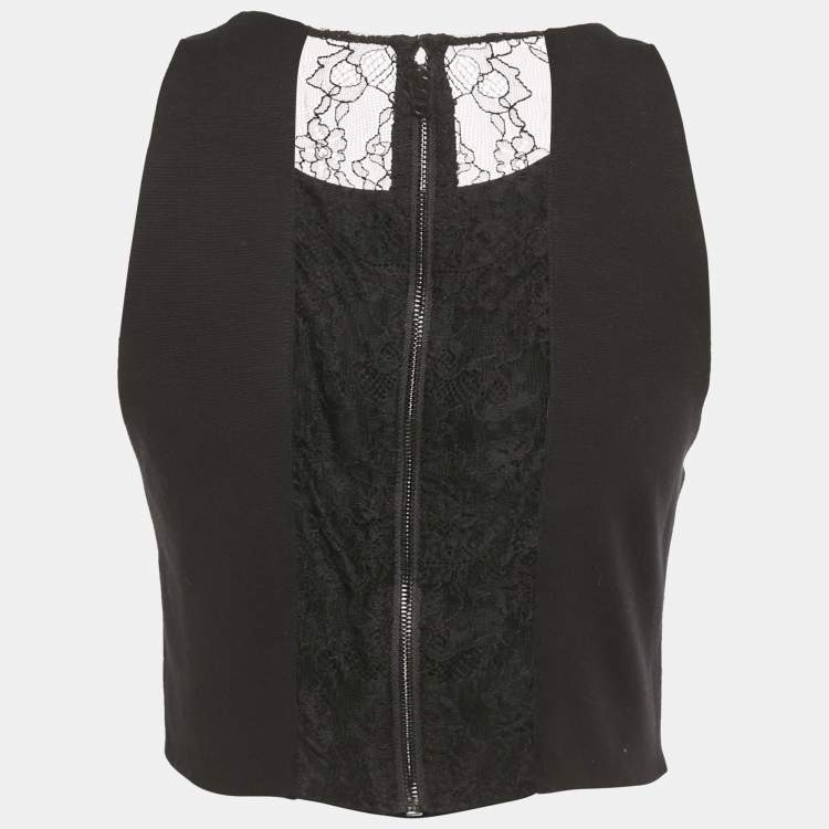 Pre Owned Alice + Olivia Black Lace Trim Jersey Zip-Up Crop Top M