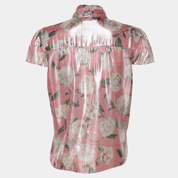 Pre Owned Alice + Olivia Metallic Pink Flora Print Lurex Knit Neck Tie Top M