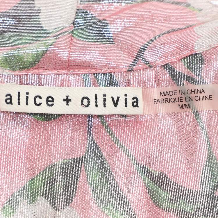 Pre Owned Alice + Olivia Metallic Pink Flora Print Lurex Knit Neck Tie Top M