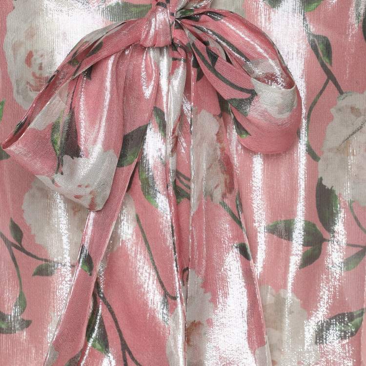 Pre Owned Alice + Olivia Metallic Pink Flora Print Lurex Knit Neck Tie Top M