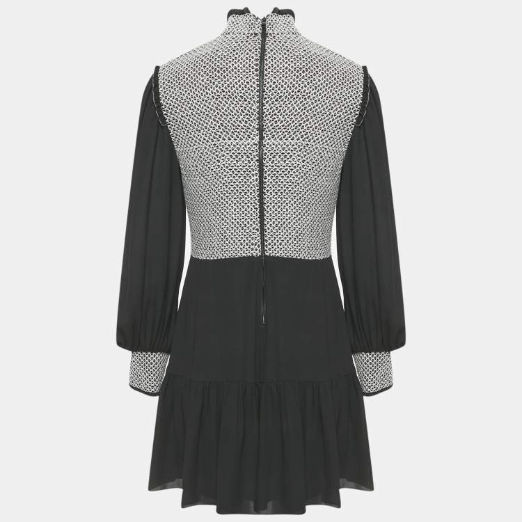 Pre Owned Alice + Olivia Black Embroidered Detail Crepe Elvira Tiered Mini Dress M