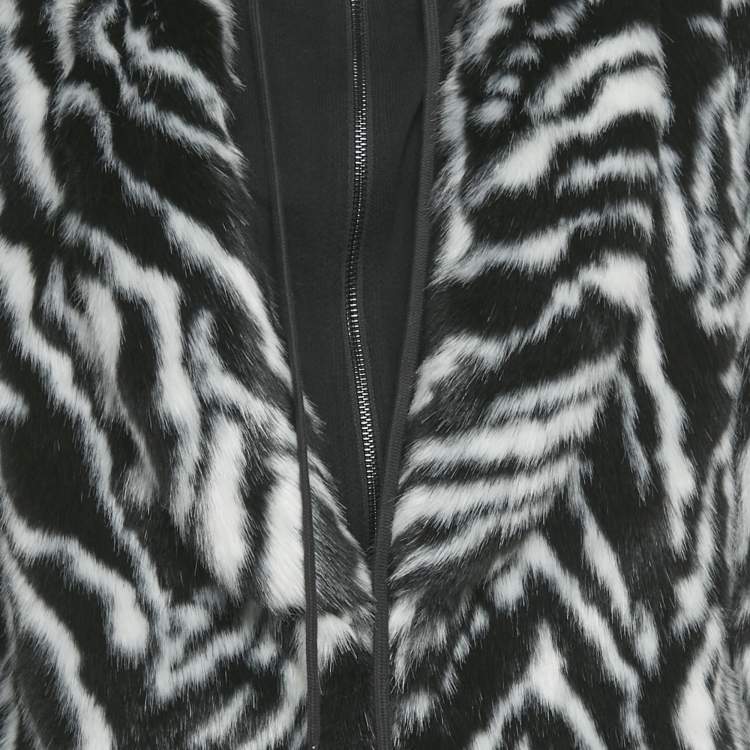 Pre Owned Alice + Olivia Black /White Animal Print Faux Fur Detachable Hood Coat M