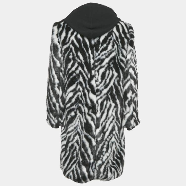 Pre Owned Alice + Olivia Black /White Animal Print Faux Fur Detachable Hood Coat M