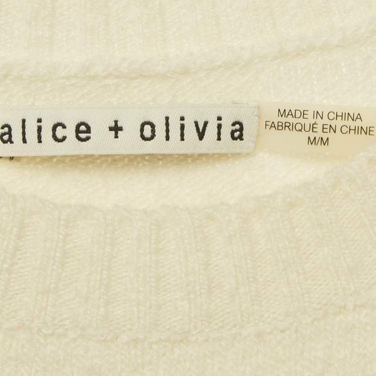 Pre Owned Alice + Olivia White Girl Applique Stretch Knit Sweater M