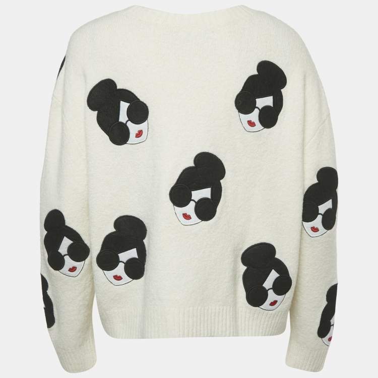 Pre Owned Alice + Olivia White Girl Applique Stretch Knit Sweater M