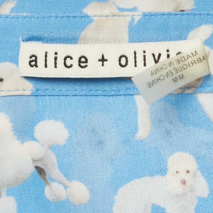 Pre Owned Alice + Olivia Blue Dogs Print Silk Ruffled Sleeve Shirt M
