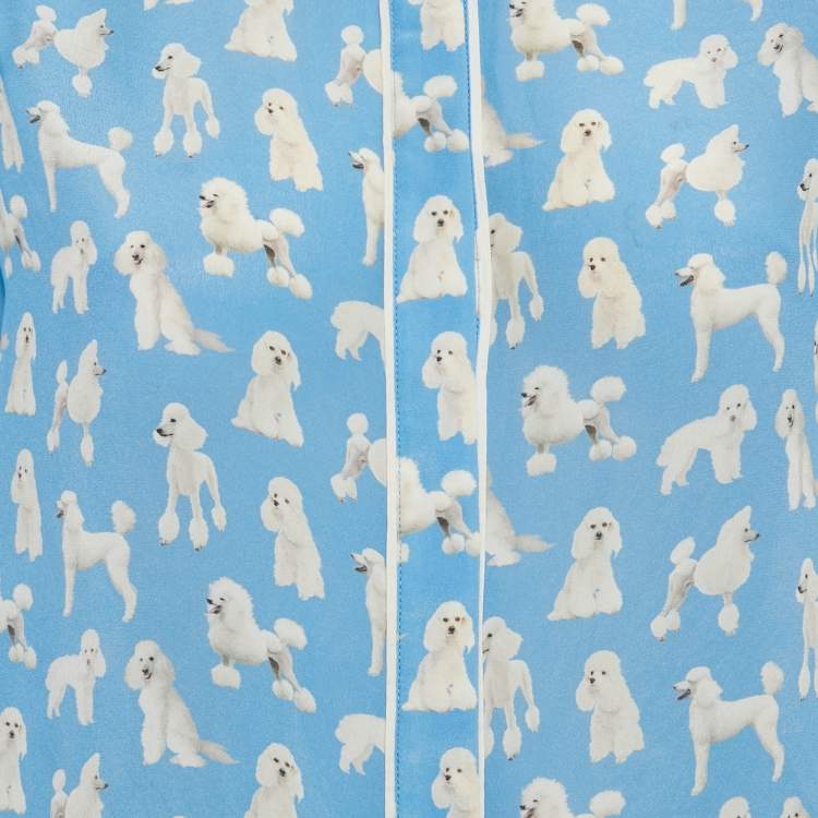 Pre Owned Alice + Olivia Blue Dogs Print Silk Ruffled Sleeve Shirt M