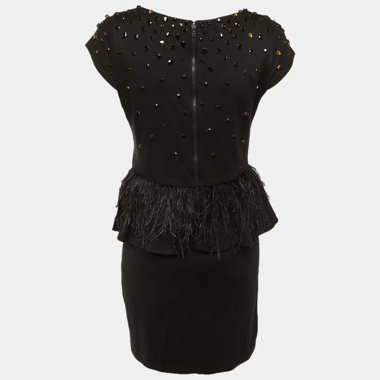 Pre Owned Alice + Olivia Black Embellished Jersey Feather Detail Peplum Mini Dress M