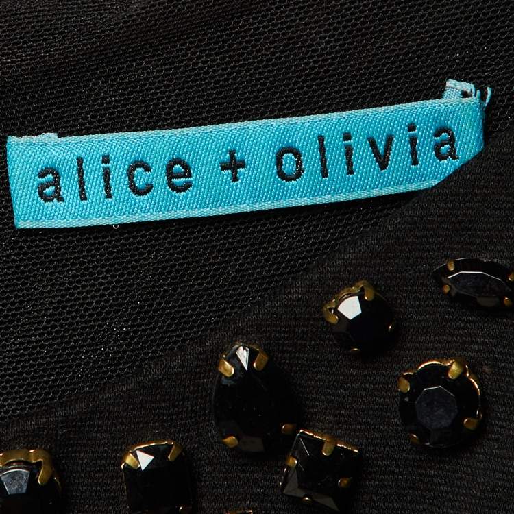 Pre Owned Alice + Olivia Black Embellished Jersey Feather Detail Peplum Mini Dress M