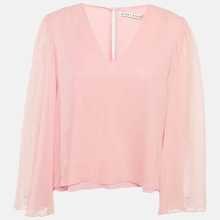 Pre Owned Alice + Olivia Light Pink Silk Bell Sleeve Blouse L