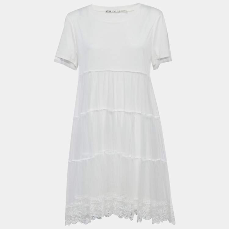 Pre Owned Alice + Olivia White Jersey & Lace Flared Mini Dress M
