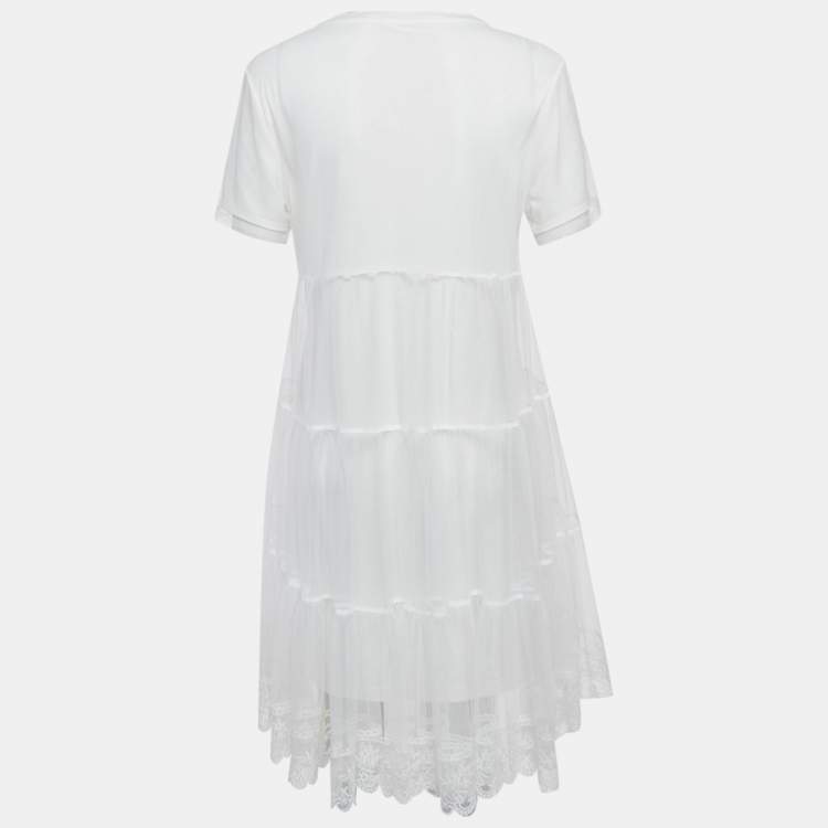 Pre Owned Alice + Olivia White Jersey & Lace Flared Mini Dress M