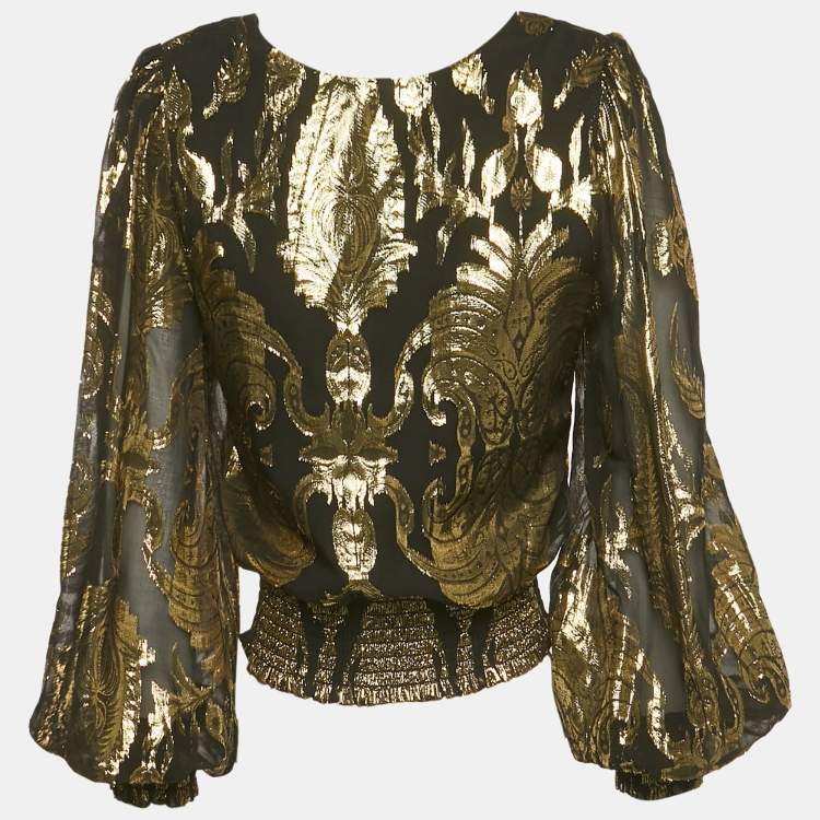 Pre Owned Alice + Olivia Black /Gold Metallic Print Silk Blend Puff Sleeve Blouse XS