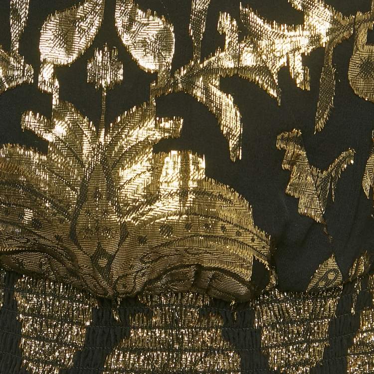 Pre Owned Alice + Olivia Black /Gold Metallic Print Silk Blend Puff Sleeve Blouse XS