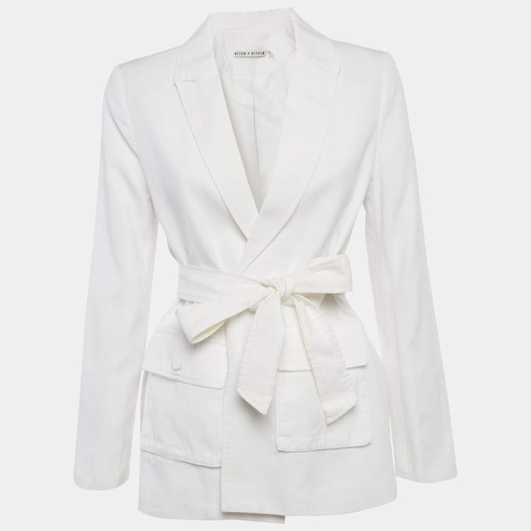 Pre Owned Alice + Olivia White Linen Blend Open-Front Belted Blazer S