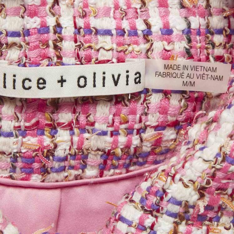 Pre Owned Alice + Olivia Pink Tweed Carli Spaghetti Strappy Dress And Cropped Jacket Suit S/M