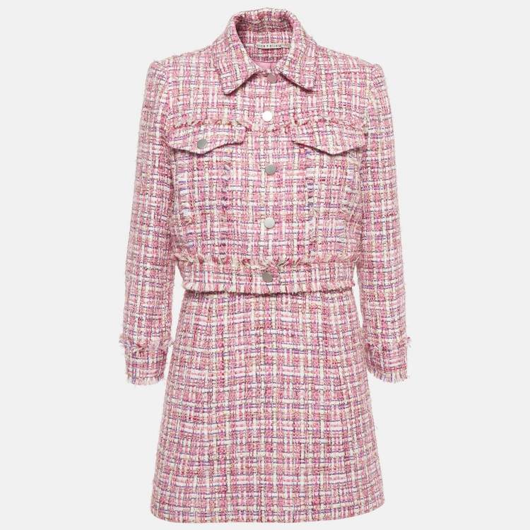 Pre Owned Alice + Olivia Pink Tweed Carli Spaghetti Strappy Dress And Cropped Jacket Suit S/M