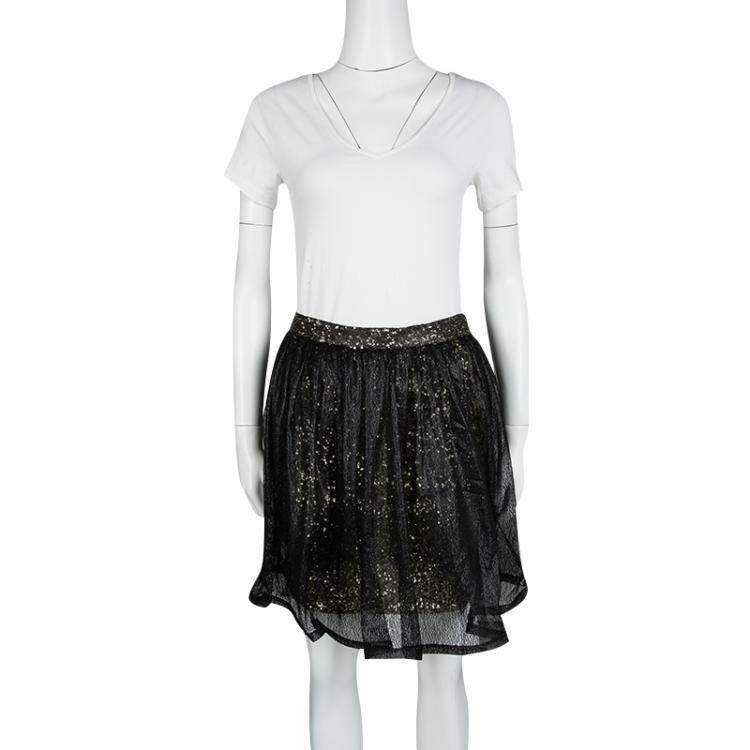 مملوكة مسبقًا Alice + Olivia Black Mesh Overlay Sequin Embellished Gathered Skirt M