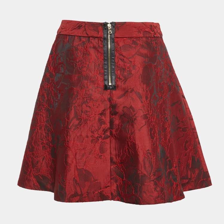 Pre Owned Alice + Olivia Red Floral Jacquard Flared Mini Skirt S