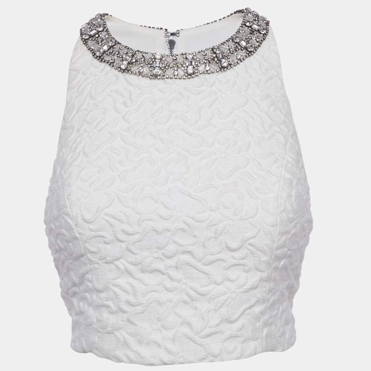 Pre Owned Alice + Olivia White Jacquard Embellished Crop Top S