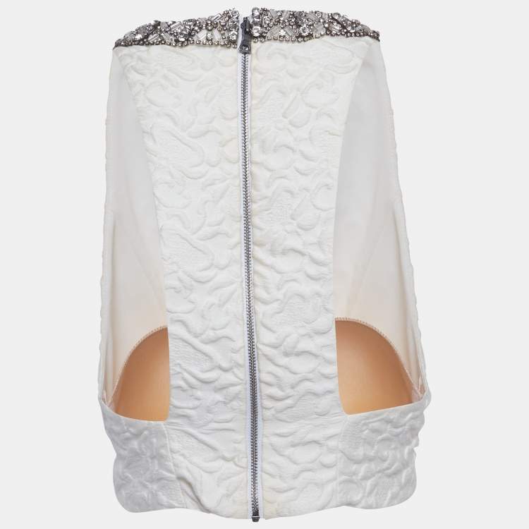Pre Owned Alice + Olivia White Jacquard Embellished Crop Top S